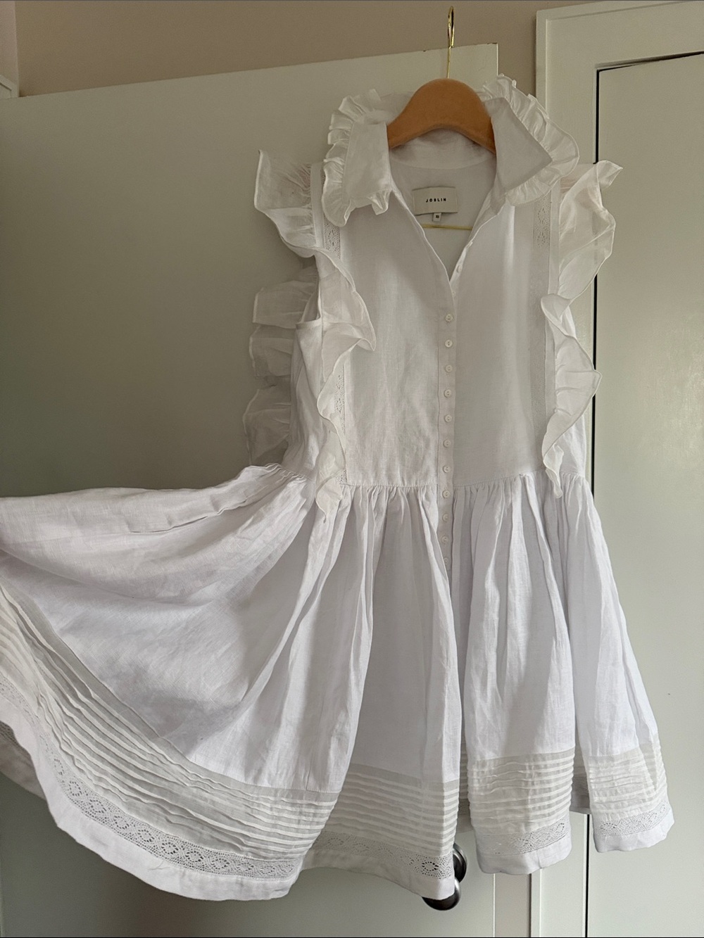 JOSLIN Millicent White Lace Ruffled Linen-Batiste Mini Shirt Dress Size:6